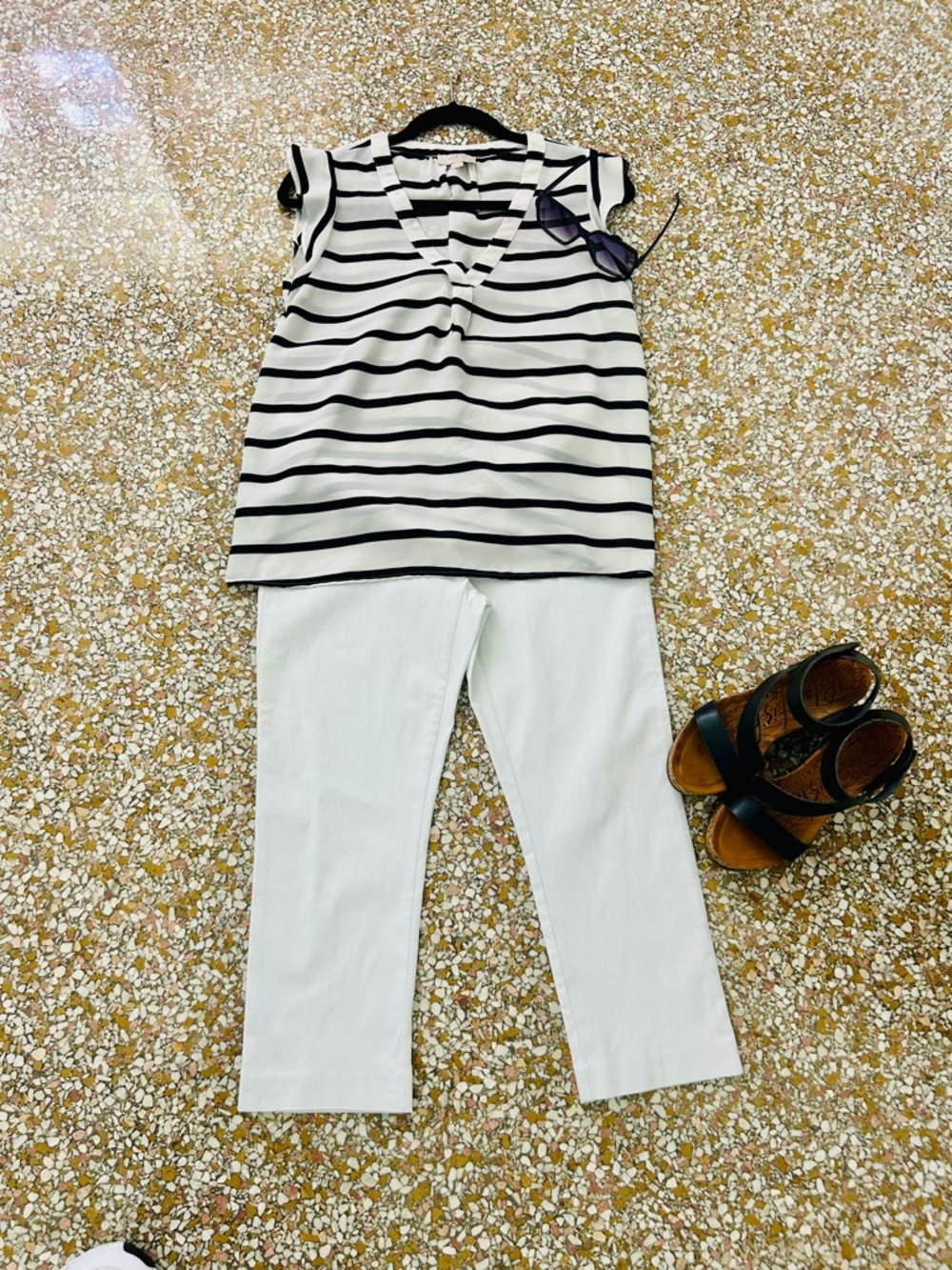 Loft Black & White Striped V-Neck Top w/ Cap Sleeve